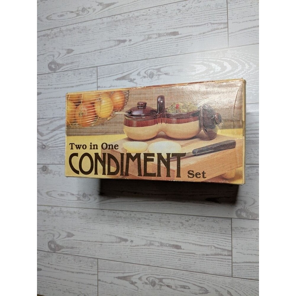 Vintage B&E Sales Ceramic 2-in-1 Condiment Set Brown Farmhouse NIB